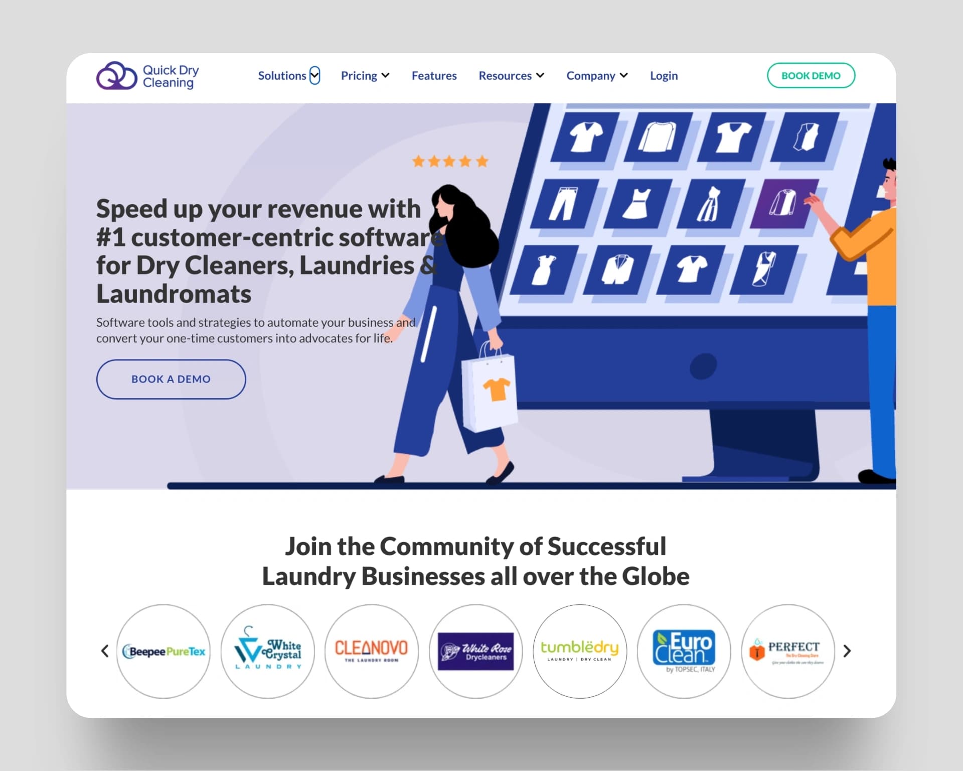 Quick Dry Cleaning Software platform showing a modern interface for managing laundry operations with features like garment tagging, billing, and inventory management